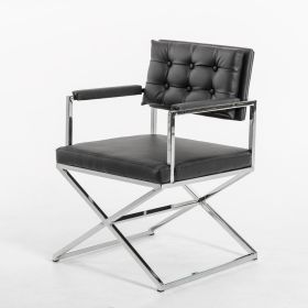 Tufted Black And Silver Upholstered Faux Leather Dining Arm Chair
