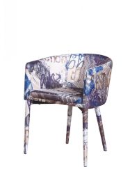 Brown and White Upholstered Fabric Dining Arm Chair