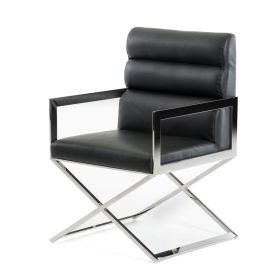 Black And Silver Upholstered Faux Leather Dining Arm Chair