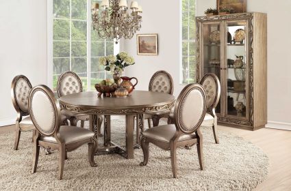 Set of Two Tufted Champagne And Gold Upholstered Faux Leather Dining Side Chairs