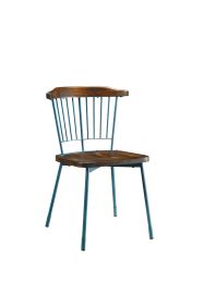 Set of Two Brown And Teal Blue Wood Windsor Back Dining Side Chairs