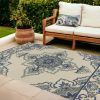 8' X 10' Ivory and Blue Damask Handmade Indoor Outdoor Area Rug
