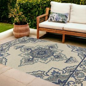8' X 10' Ivory and Blue Damask Handmade Indoor Outdoor Area Rug
