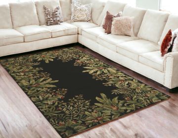 5' X 8' Green and Black Wool Tropical Floral Hand Tufted Area Rug