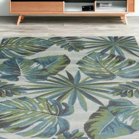 5' X 8' Beige Teal and Green Tropical Botanical Leaves Area Rug
