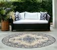 8' Round Gray and Ivory Round Damask Handmade Indoor Outdoor Area Rug