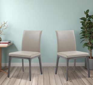 Set of Two Taupe And Gray Upholstered Faux Leather Dining Side Chairs