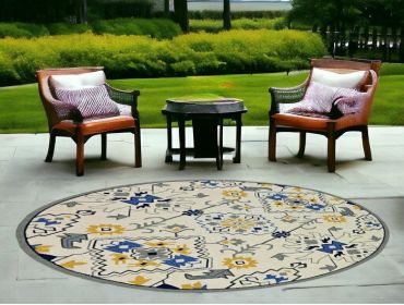8' Round Ivory Round Abstract Handmade Indoor Outdoor Area Rug