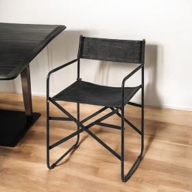 Black Leather Metal Open Back Dining Arm Chair