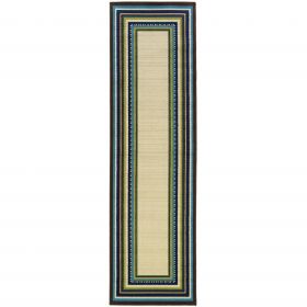 2' X 3' Ivory and Blue Striped Indoor Outdoor Area Rug