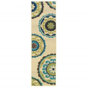 2' X 8' Green And Ivory Floral Indoor Outdoor Area Rug