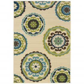 8' X 11' Green And Ivory Floral Indoor Outdoor Area Rug