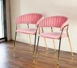 Set Of 2 Curved Chic Pink And Gold Velour Dining Chairs