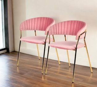 Set Of 2 Curved Chic Pink And Gold Velour Dining Chairs