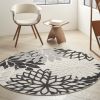 5' Round Black And White Round Floral Indoor Outdoor Area Rug