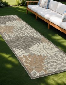 2' X 10' Gray And Ivory Floral Indoor Outdoor Area Rug