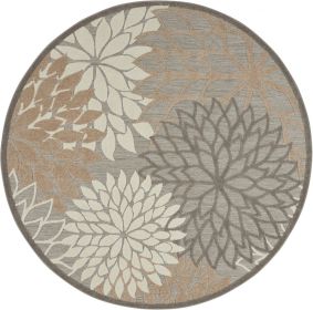 4' Round Gray And Ivory Round Floral Indoor Outdoor Area Rug