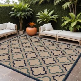 8' X 11' Blue And Ivory Geometric Indoor Outdoor Area Rug