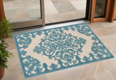 3' X 4' Aqua Damask Indoor Outdoor Area Rug
