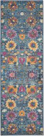 6' Blue And Orange Floral Power Loom Runner Rug