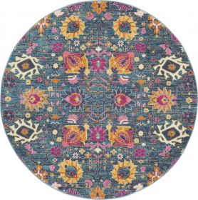 4' Blue And Orange Round Floral Power Loom Area Rug