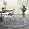 8' Blue And Orange Round Floral Power Loom Area Rug