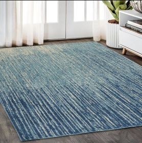 5' X 7' Ivory And Blue Abstract Stripes Power Loom Area Rug