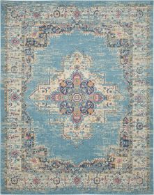 7' X 10' Blue and Ivory Medallion Power Loom Distressed Area Rug