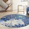 5' Blue And Ivory Round Floral Dhurrie Area Rug