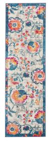 2' X 6' Ivory And Blue Floral Vines Runner Rug