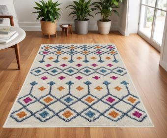 4' X 6' Blue And Ivory Geometric Dhurrie Area Rug