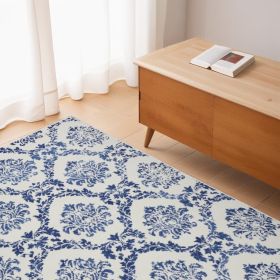 4' X 6' Blue And Ivory Floral Dhurrie Area Rug