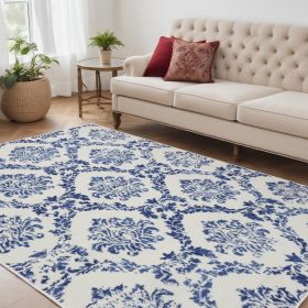 5' X 7' Blue And Ivory Floral Dhurrie Area Rug