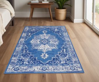 4' X 6' Navy Blue Floral Dhurrie Area Rug