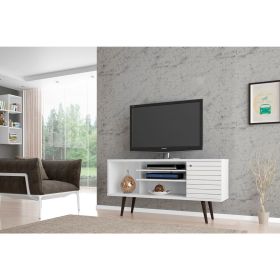 Manhattan Comfort Liberty 53.14" Mid-Century Modern TV Stand with 5 Shelves and 1 Door in White with Solid Wood Legs