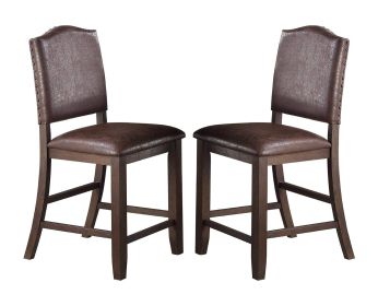 Classic Design Rustic Espresso Finish Faux Leather Set of 2pc High Chairs Dining Room Furniture Counter Height Chairs Foam Cushion Dining Room