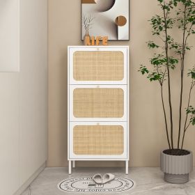 Natural Rattan 3 Door Shoe Rack, Freestanding Modern Shoe Storage Cabinet, for Entryway