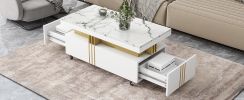 [VIDEO provided] ON-TREND Contemporary Coffee Table with Faux Marble Top, Rectangle Cocktail Table with Caster Wheels, Moderate Luxury Center Table wi