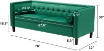 78'' Mid-Century Velvet Sofa, Couch Furniture with Bolster Pillows, Button Tufted Couch for Living Room, Tool-Free Assembly, Green