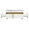 [VIDEO provided] ON-TREND Contemporary Coffee Table with Faux Marble Top, Rectangle Cocktail Table with Caster Wheels, Moderate Luxury Center Table wi