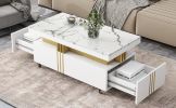 [VIDEO provided] ON-TREND Contemporary Coffee Table with Faux Marble Top, Rectangle Cocktail Table with Caster Wheels, Moderate Luxury Center Table wi