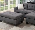 Blue Grey Polyfiber Linen Like Fabric 3pcs Reversible Sectional Sofa Chaise w Ottoman Chaise Tufted Couch Lounge Living Room Furniture