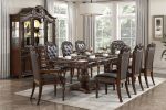 Traditional Style Dining Table with Extension Leaves Cherry Finish with Gold Tipping Double Pedestal Base Wooden Dining Furniture