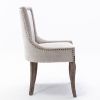A&A Furniture,Ultra Side Dining Chair, Thickened fabric chairs with neutrally toned solid wood legs, Bronze nail head, Set of 2, Beige